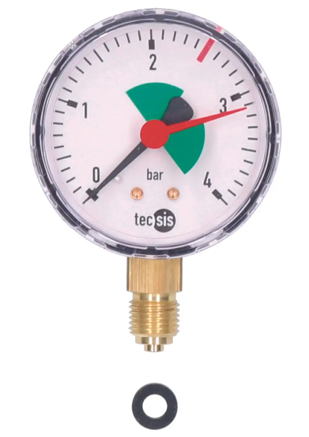 Manometer mit einer Skala von 0 bis 4 bar und einer roten Anzeige, ausgestattet mit einem Messgehäuse und einer Dichtung, möglicherweise von der Marke Judo.